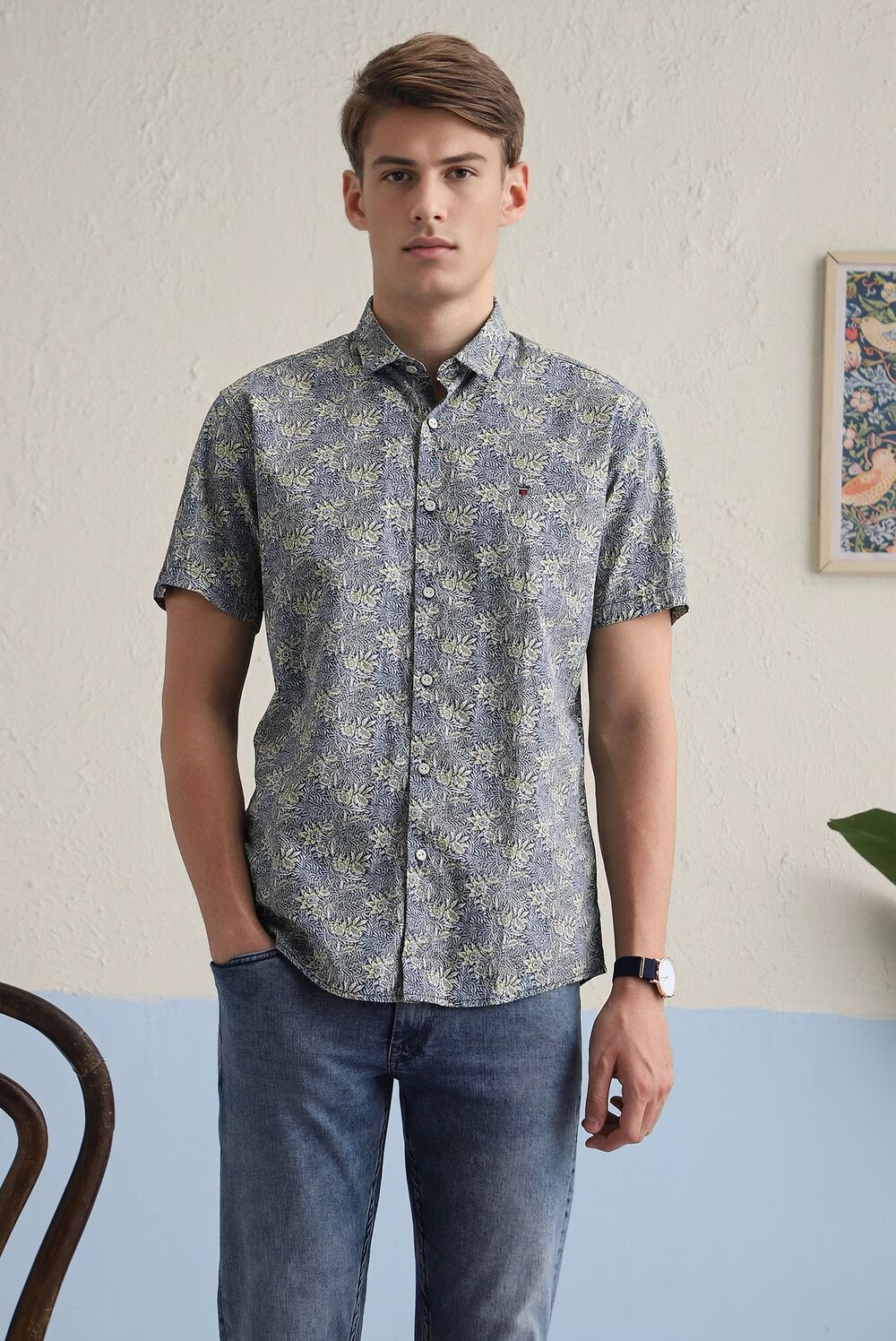 Men Blue Slim Fit Print Half Sleeves Casual Shirt-Blue