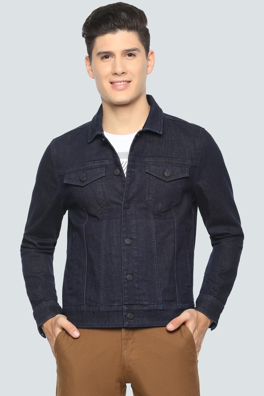 Men Casual Navy Solid Jackets-Navy