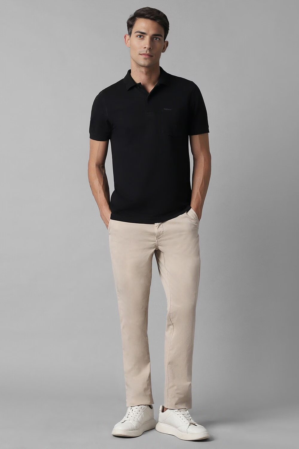 Men Beige Slim Fit Solid Flat Front Casual Trousers-Beige