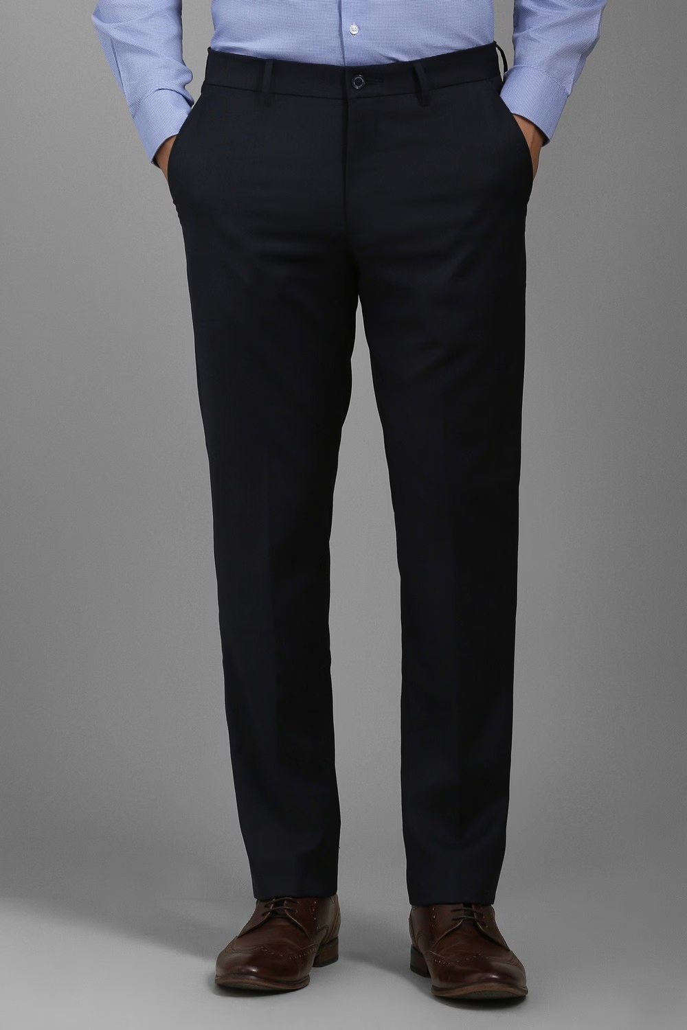 Men Navy Slim Fit Solid Flat Front Formal Trousers-Navy