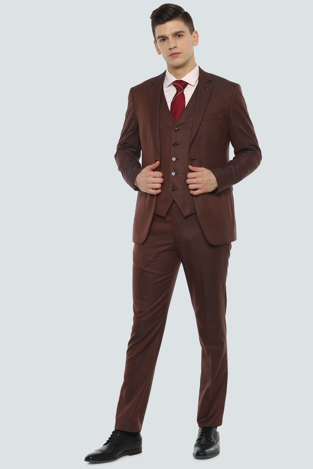 Men Maroon Slim Fit Textured Party Three Piece Suit-Maroon