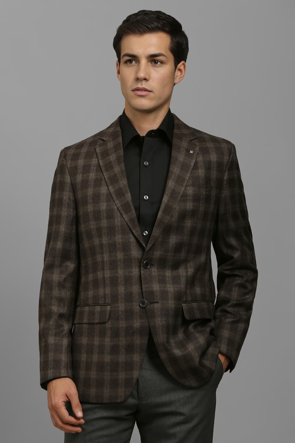 Men Brown Regular Fit Check Formal Blazer-Brown