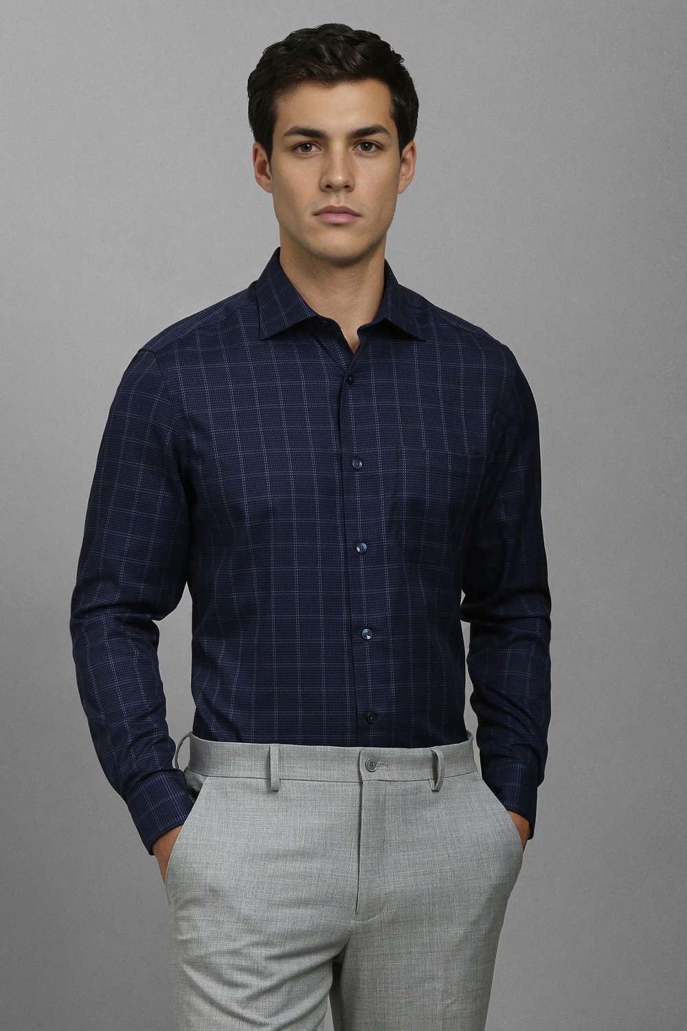 Men Navy Classic Fit Check Full Sleeves Formal Shirt-Navy
