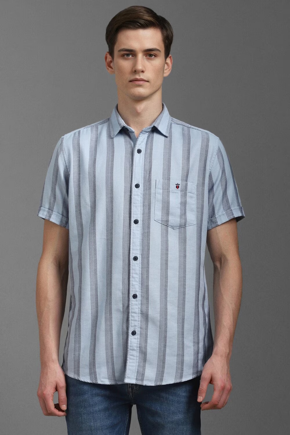 Men Light Blue Slim Fit Stripe Half Sleeves Casual Shirt-Light Blue