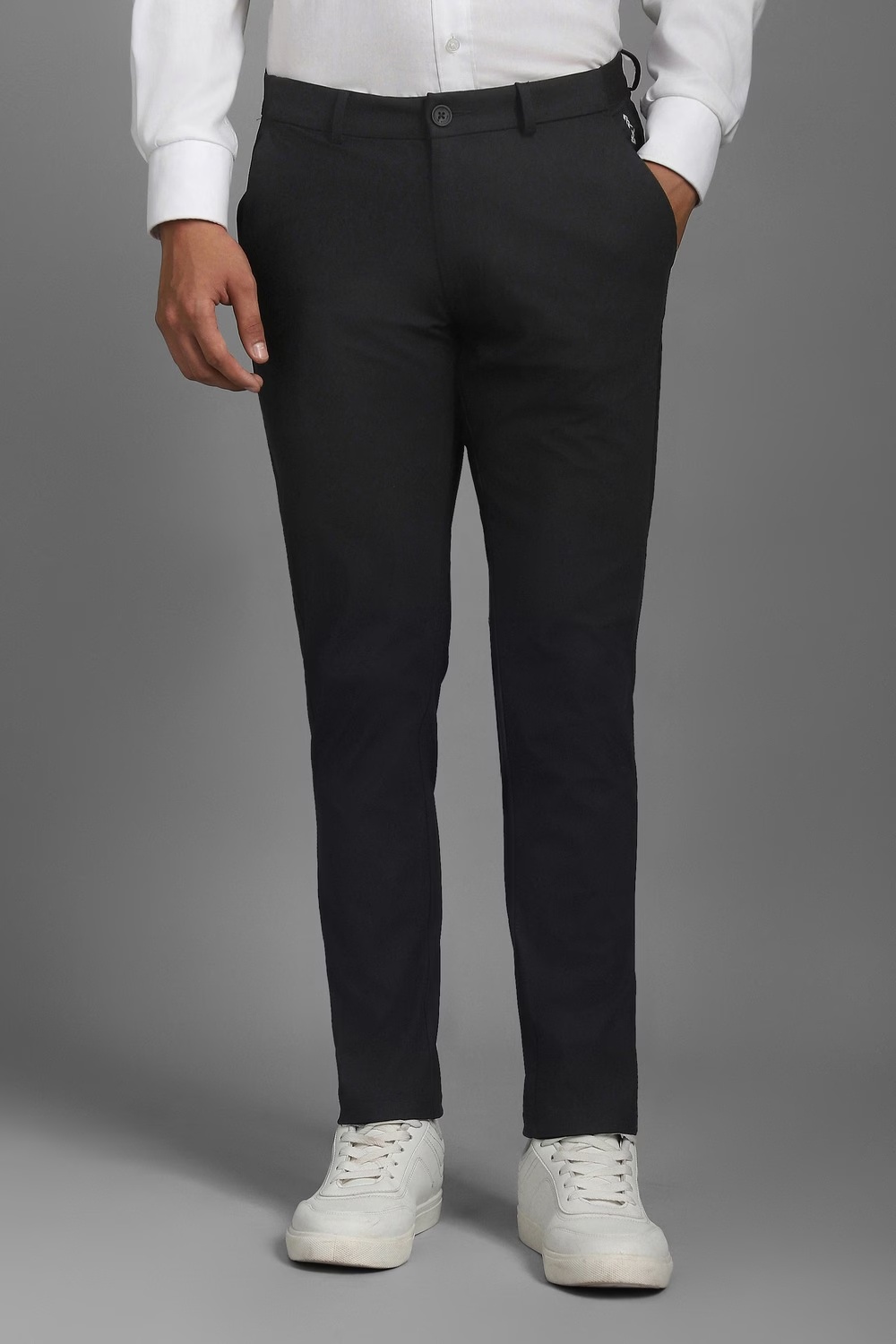 Men Black Solid Flat Front Casual Trousers-Black