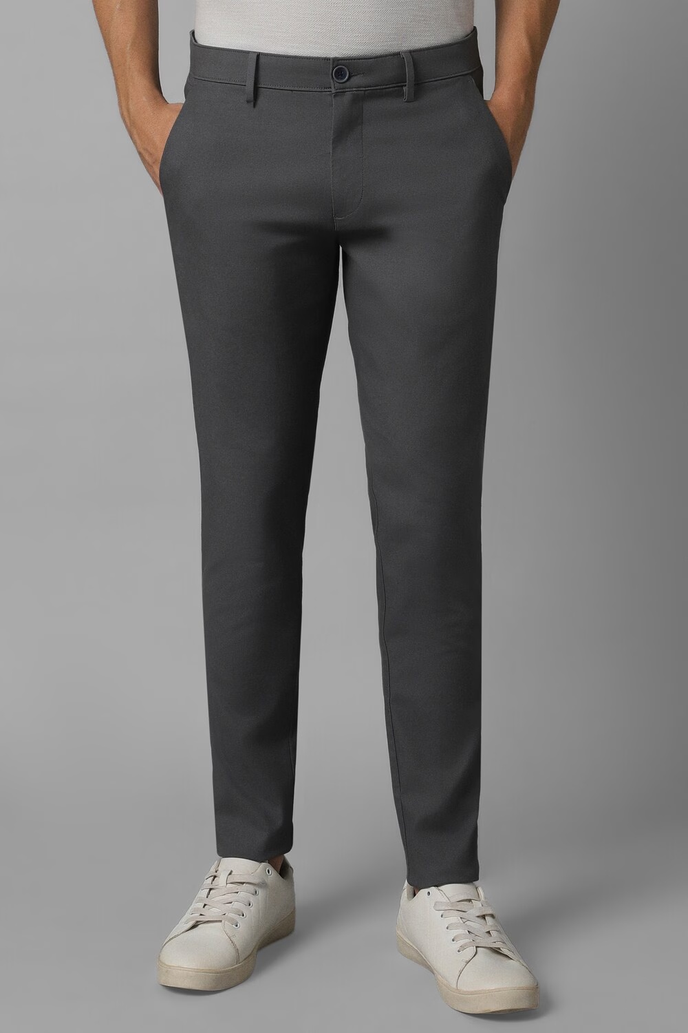 Men Grey Smart Fit Solid Flat Front Casual Trousers-Grey