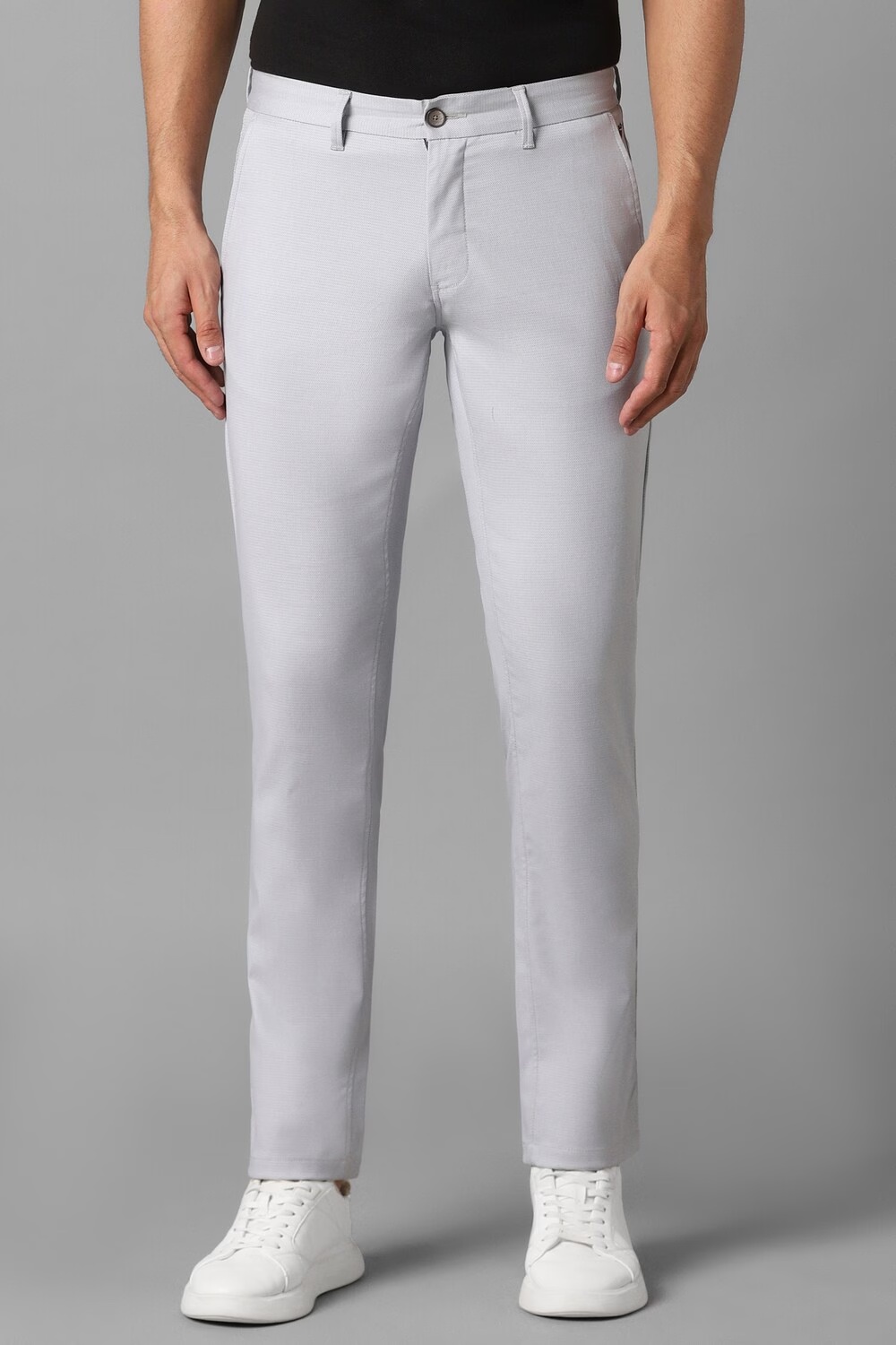 Men Grey Slim Fit Textured Flat Front Casual Trousers-Grey
