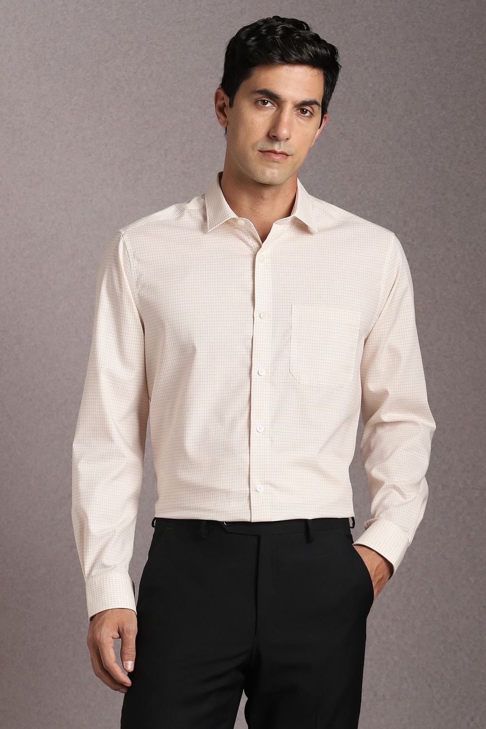 Men Beige Check Full Sleeves Formal Shirt-Beige