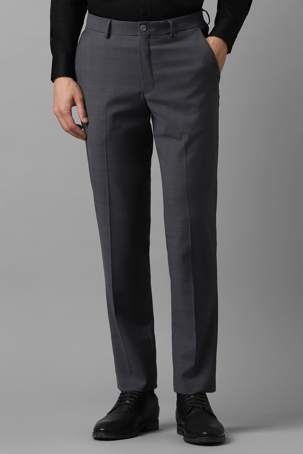 Men Grey Slim Fit Textured Flat Front Formal Trousers-Grey