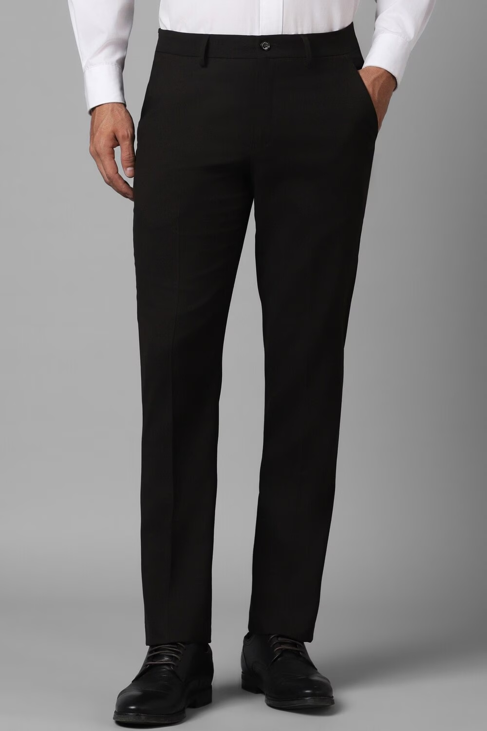 Men Black Slim Fit Solid Flat Front Formal Trousers-Black