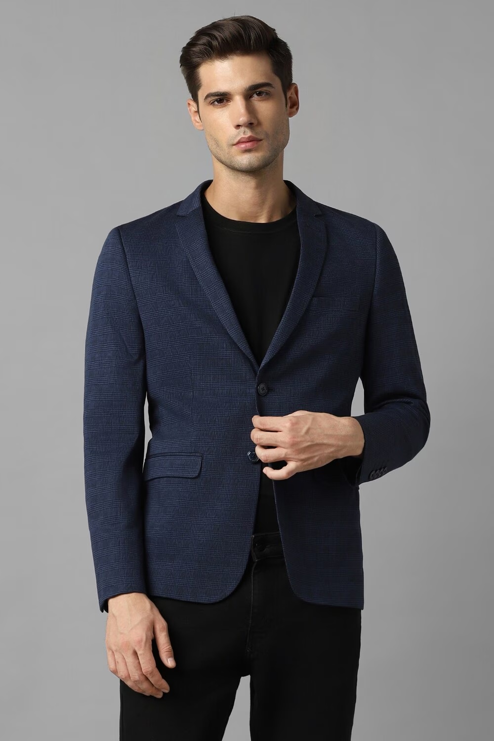 Men Navy Super Slim Fit Check Casual Blazer-Navy
