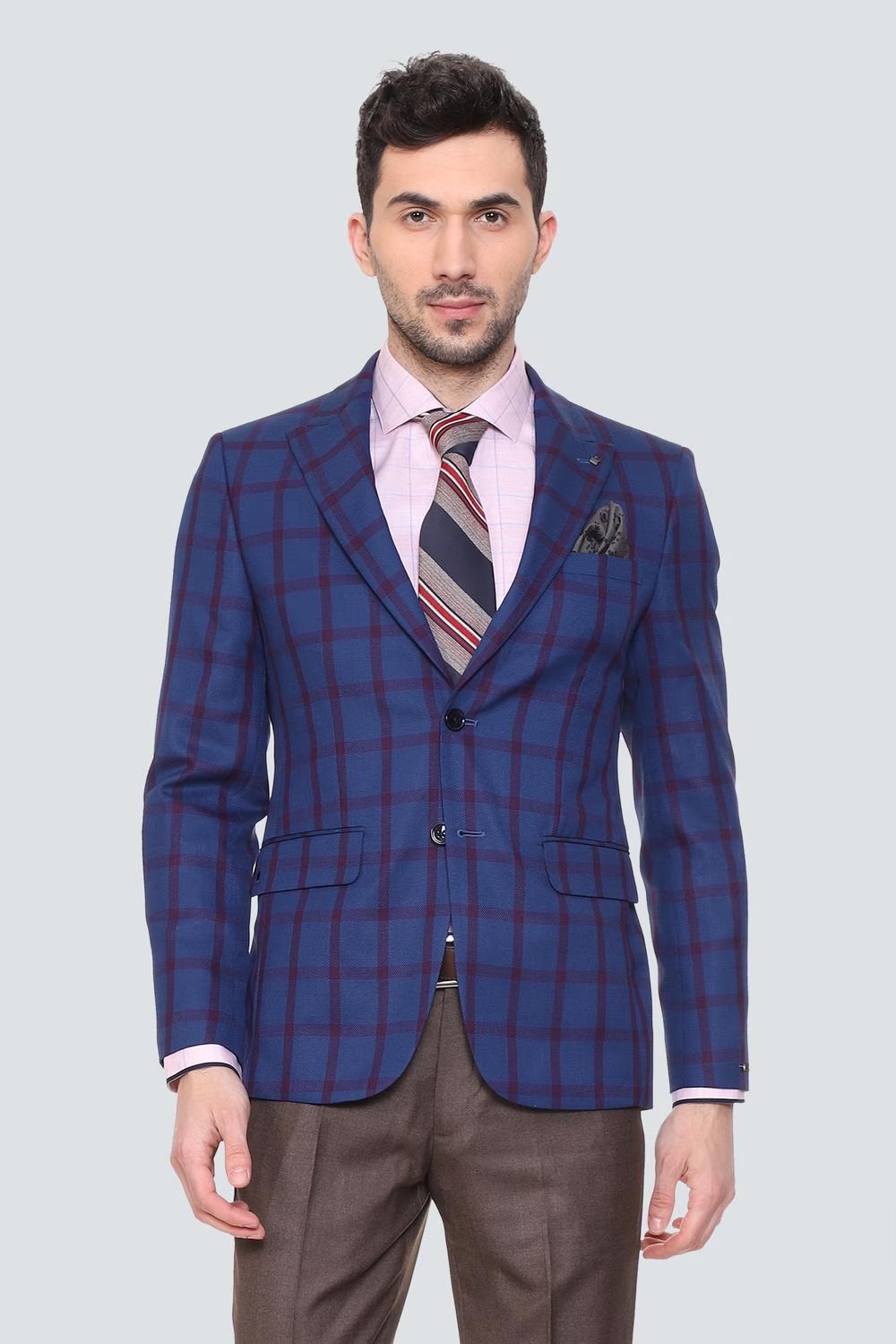 Men Blue Slim Fit Check Formal Blazer-Blue
