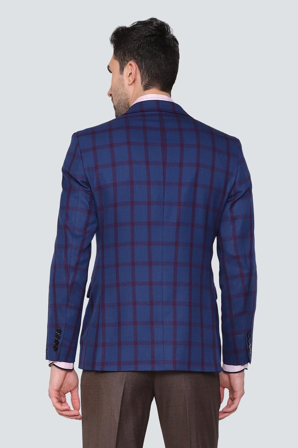 Men Blue Slim Fit Check Formal Blazer-Blue
