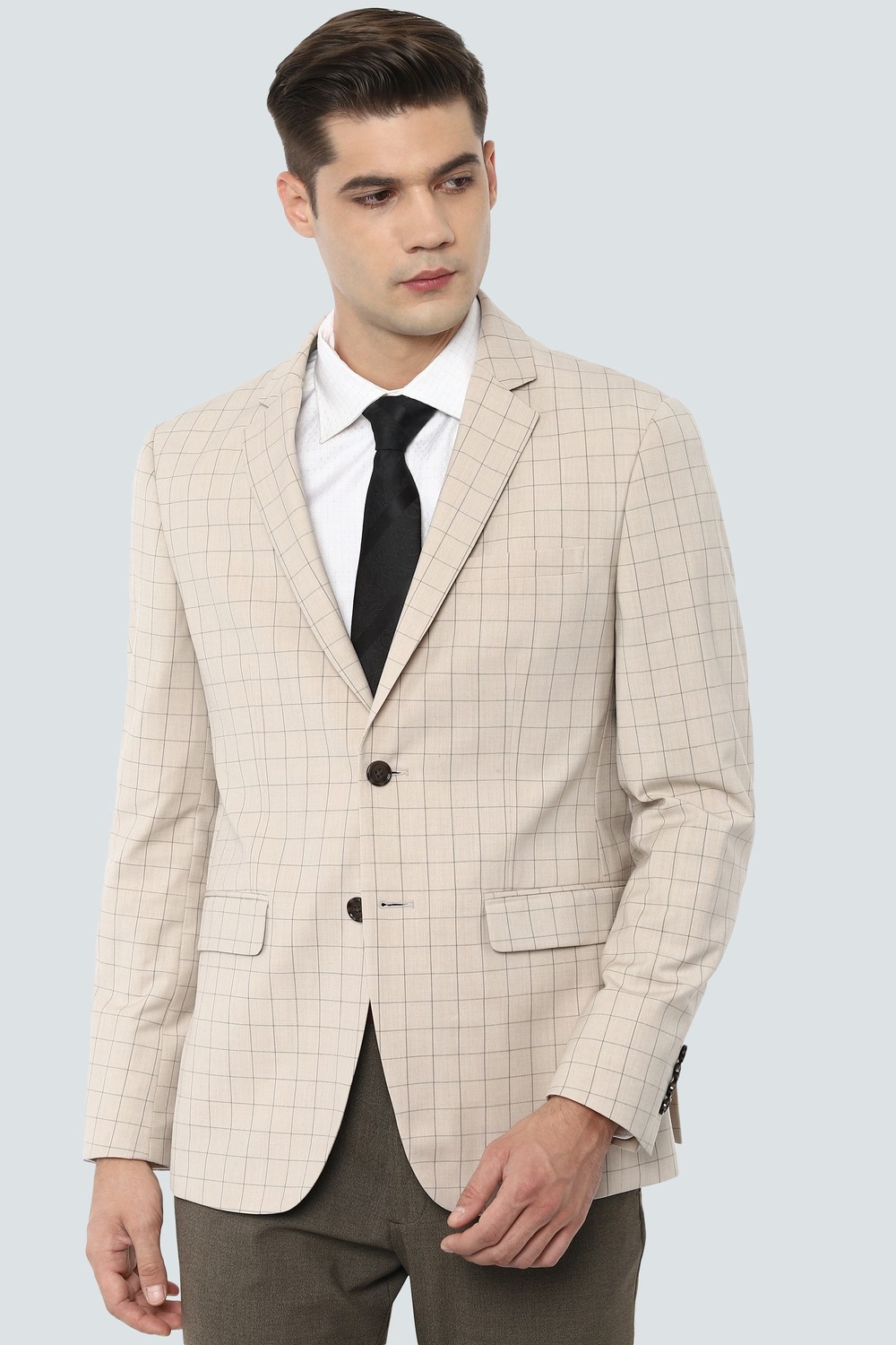 Men Beige Slim Fit Check Formal Blazer-Beige