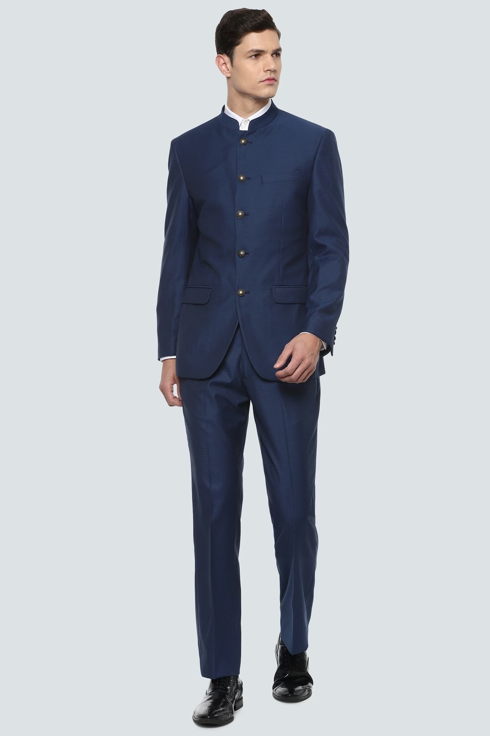 Men Navy Regular Fit Textured Party Two Piece Suit-Navy