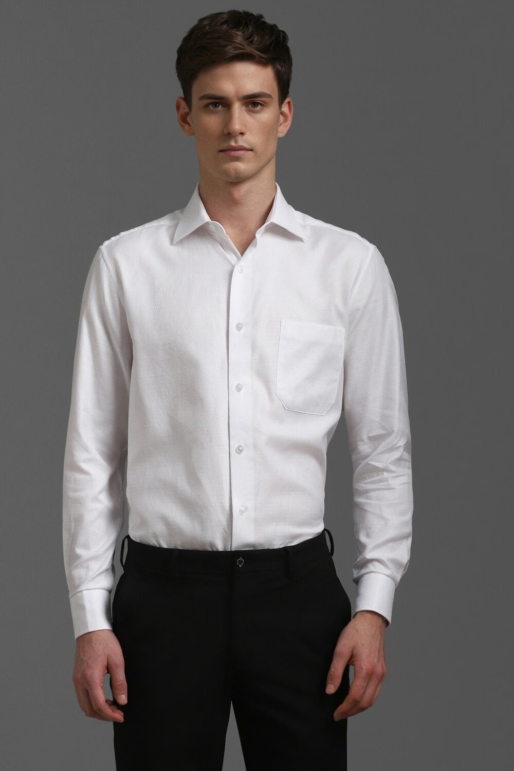 Men White Classic Fit Textured Full Sleeves Formal Shirt-White