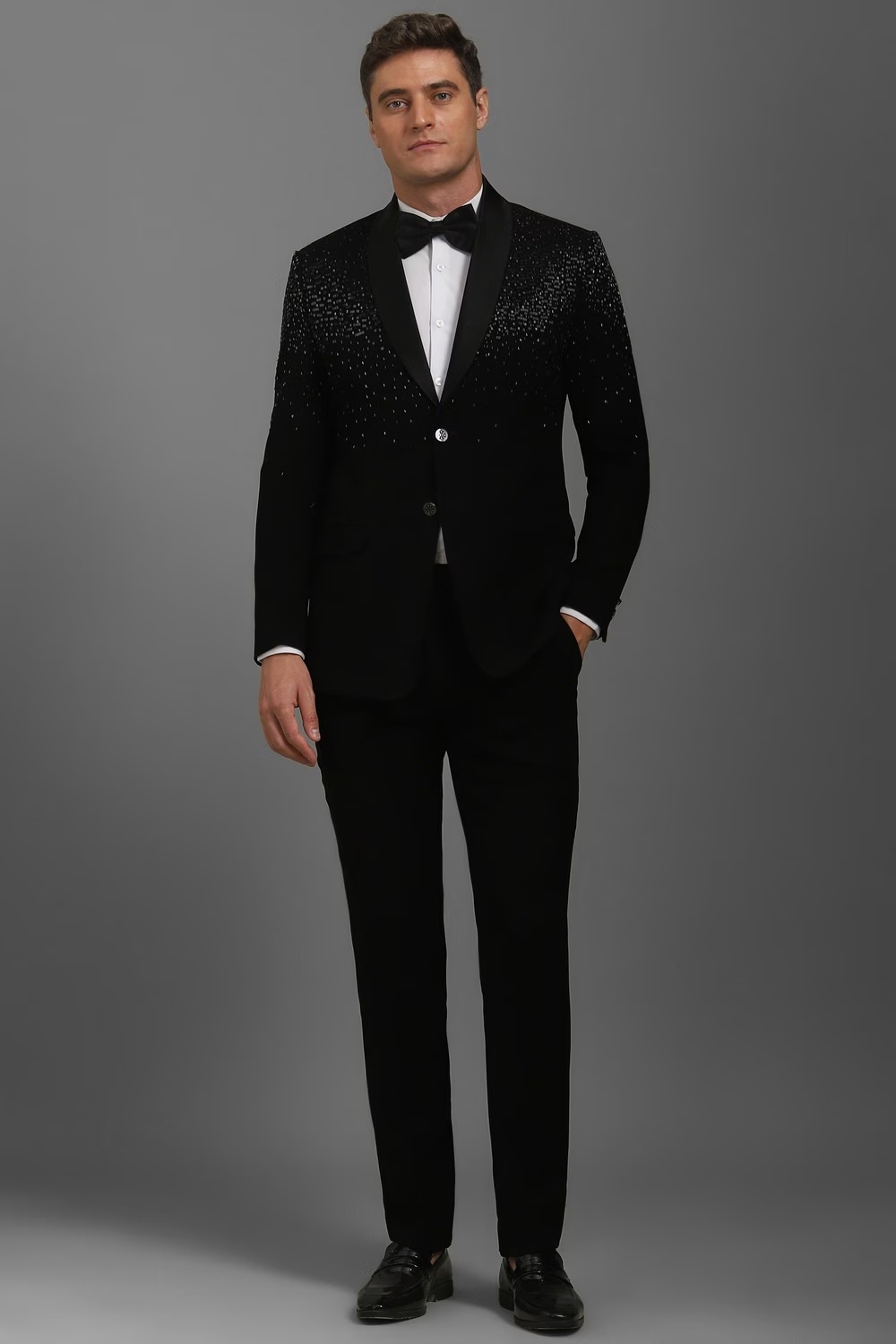 Men Black Slim Fit Embellished Formal Two Piece Suit-Black