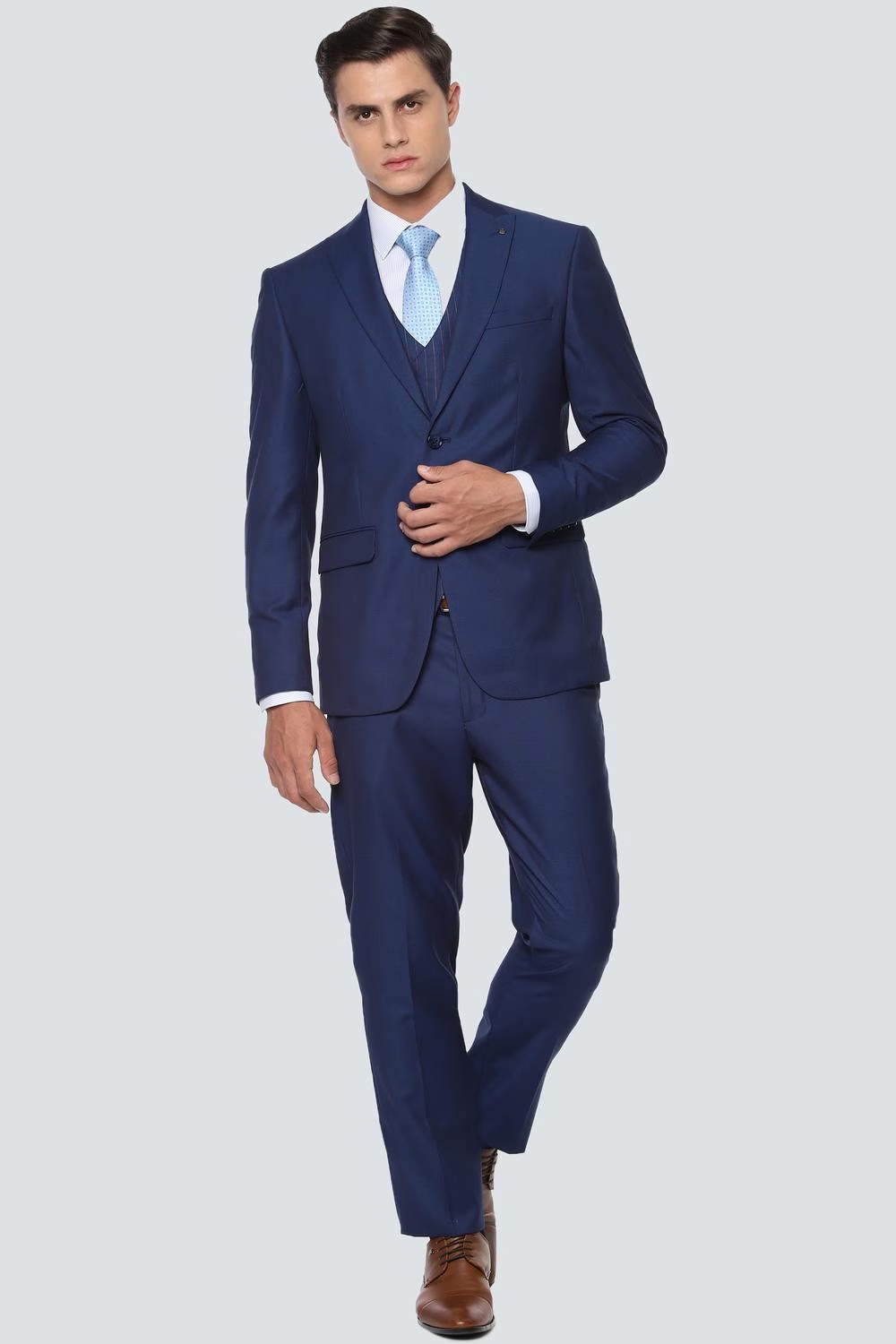 Men Navy Slim Fit Textured Formal Three Piece Suit-Navy