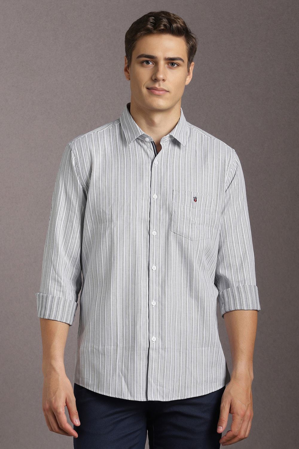 Men Grey Stripe Full Sleeves Casual Shirt-Grey