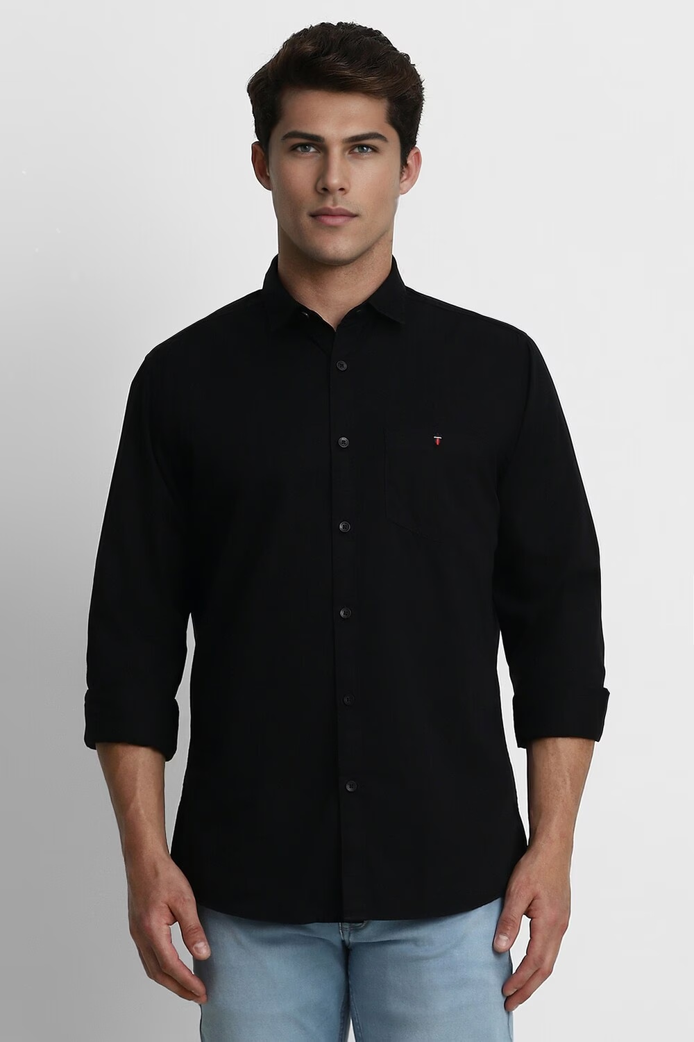 Men Black Slim Fit Solid Full Sleeves Casual Shirt-Black
