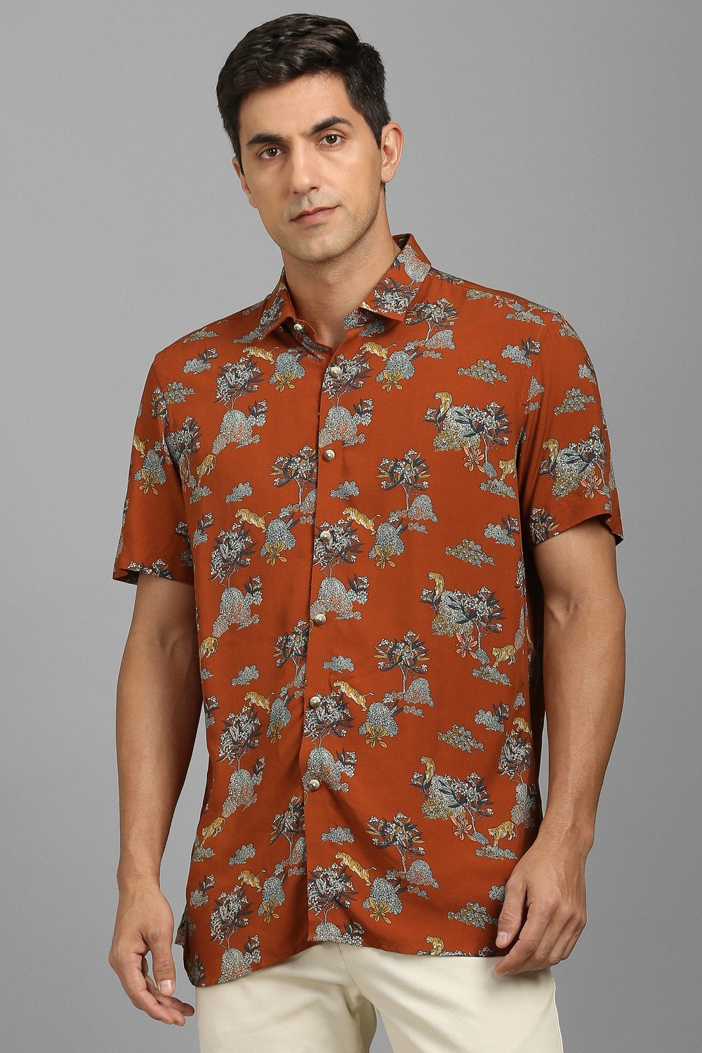 Men Orange Print Half Sleeves Casual Shirt-Orange