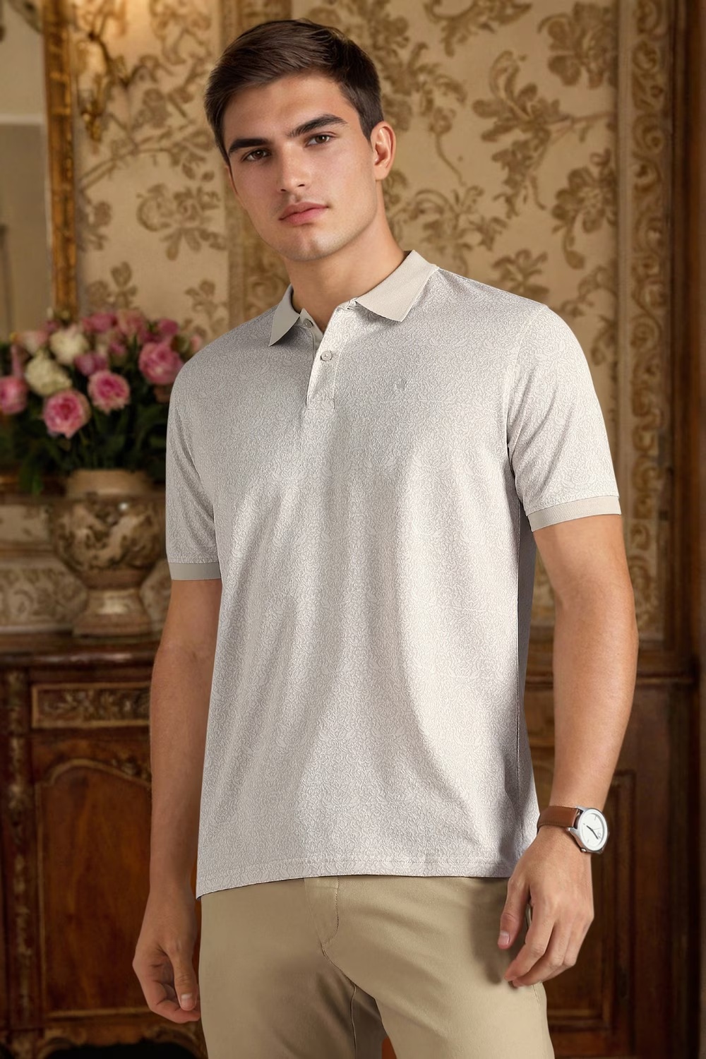Men Beige Textured Polo Neck T-shirt-Beige
