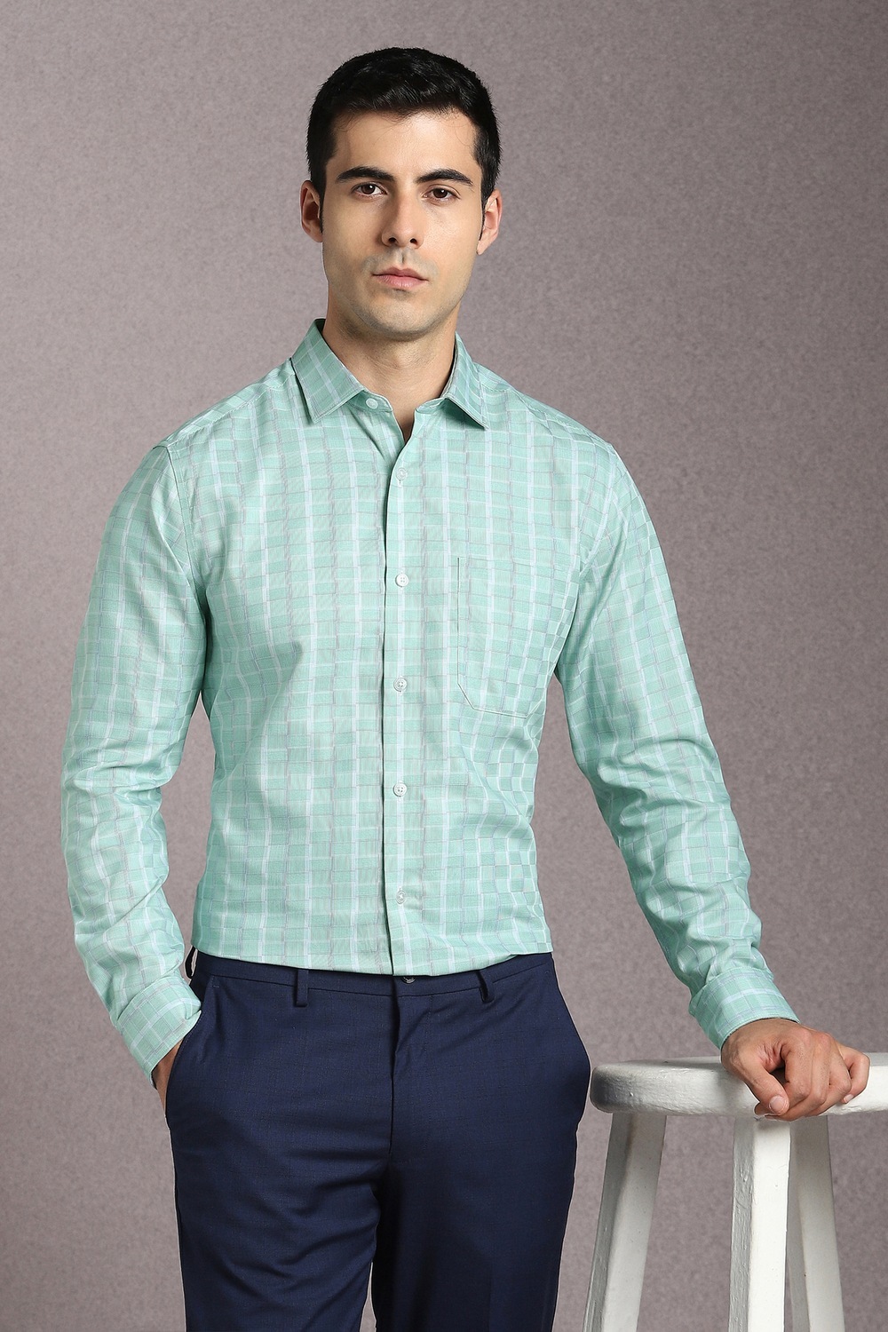 Men Green Check Full Sleeves Formal Shirt-Green