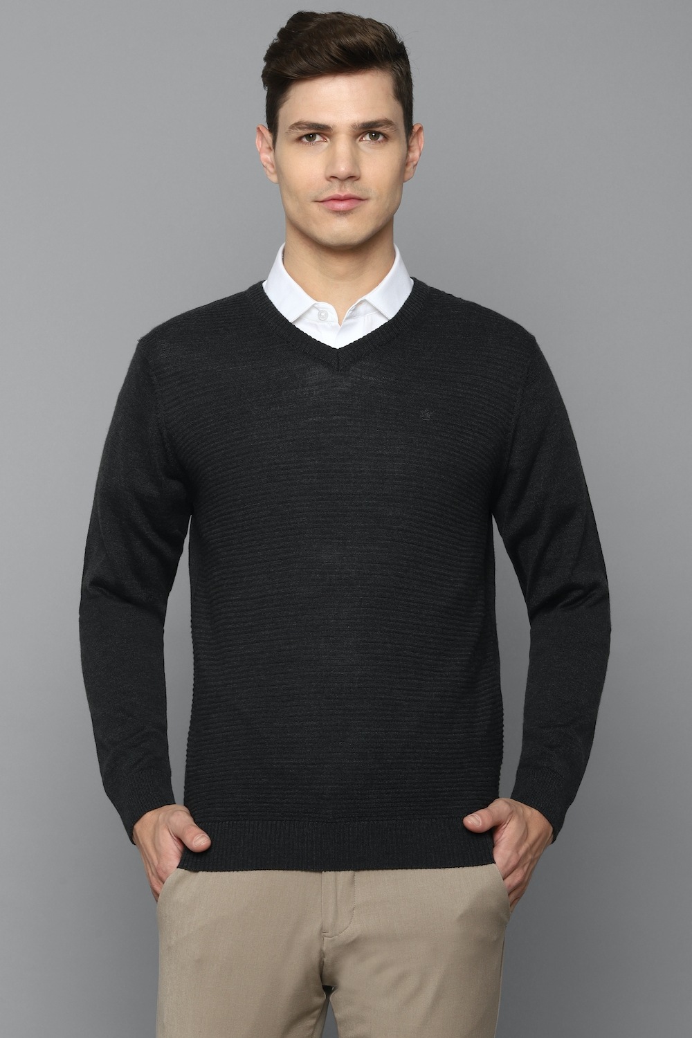 Men Grey Textured V Neck Full Sleeves Sweater-Grey