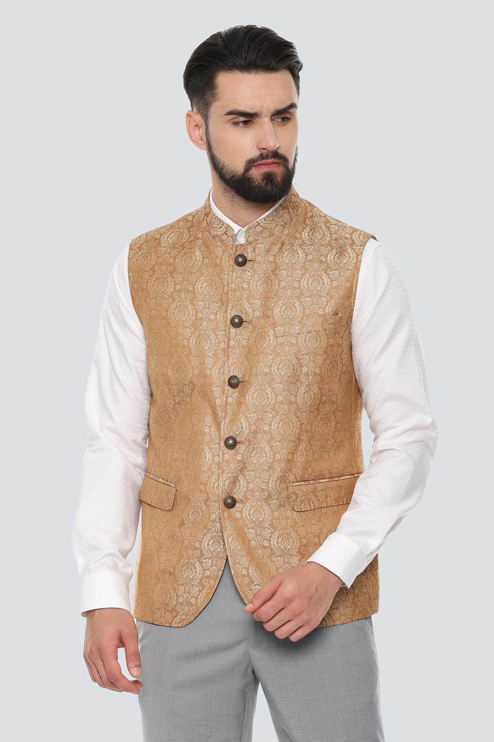 Men Beige Patterned Casual Nehru Jacket-Beige