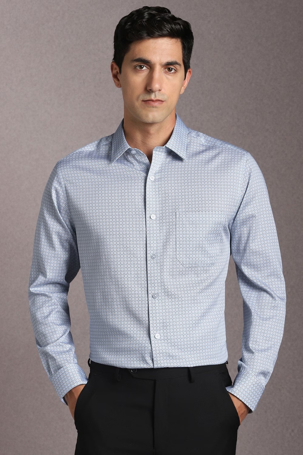 Men Light Blue Print Full Sleeves Formal Shirt-Light Blue