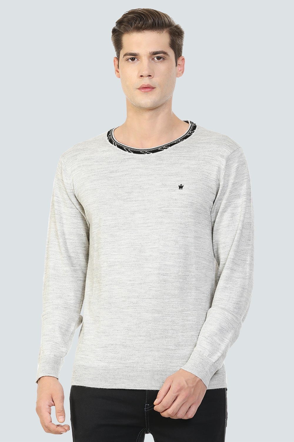 Men Grey Textured Crew Neck Full Sleeves Sweater-Grey