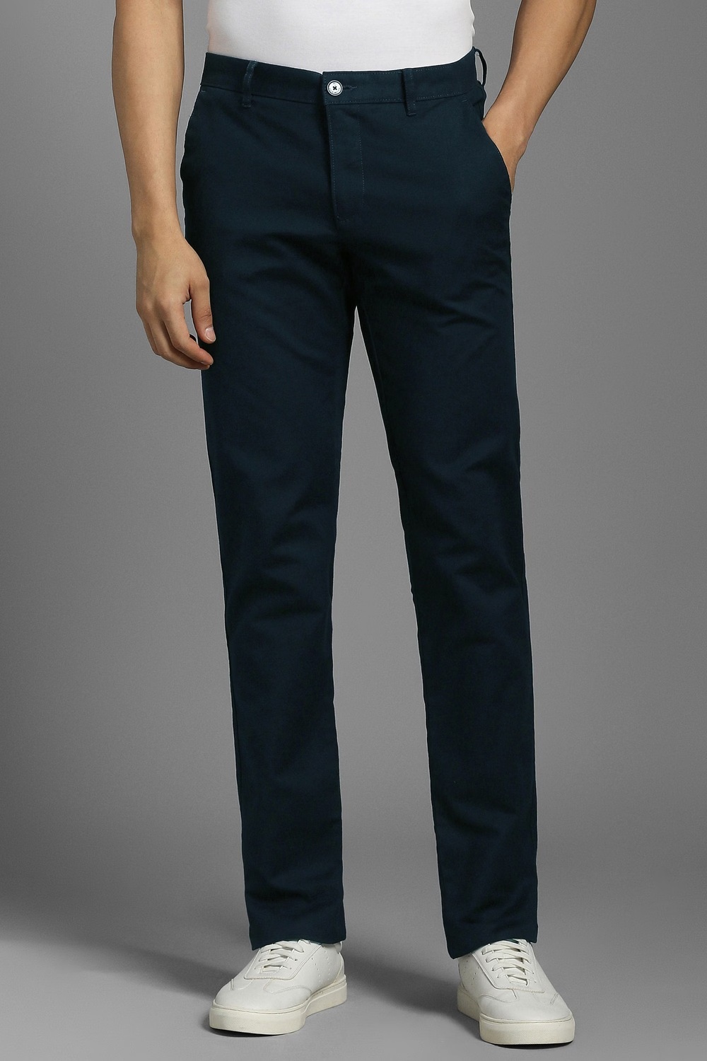 Men Navy Solid Flat Front Casual Trousers-Navy