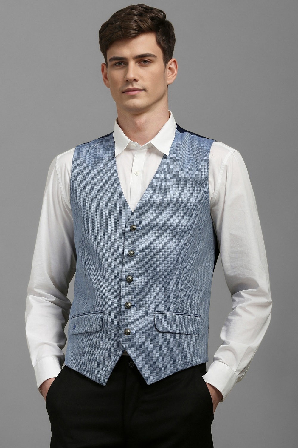 Men Blue Slim Fit Textured Formal Waistcoat-Blue