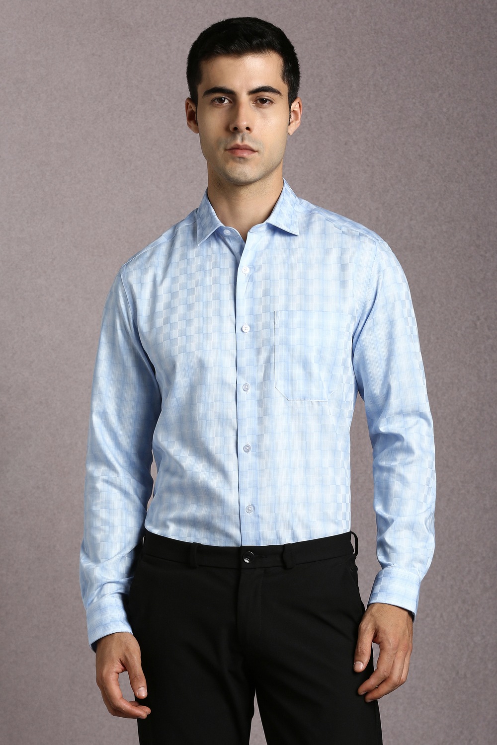 Men Light Blue Check Full Sleeves Formal Shirt-Light Blue