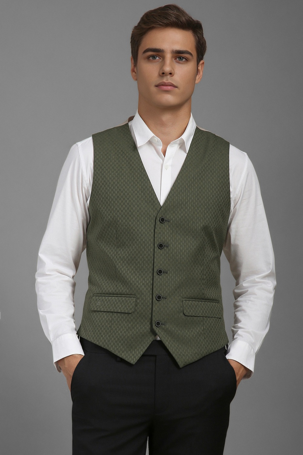 Men Olive Slim Fit Textured Formal Waistcoat-Olive