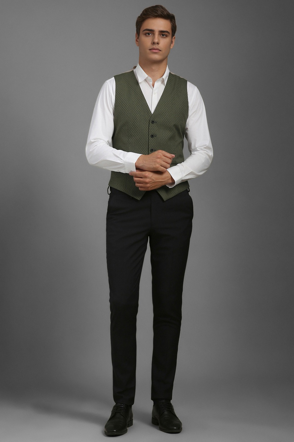 Men Olive Slim Fit Textured Formal Waistcoat-Olive