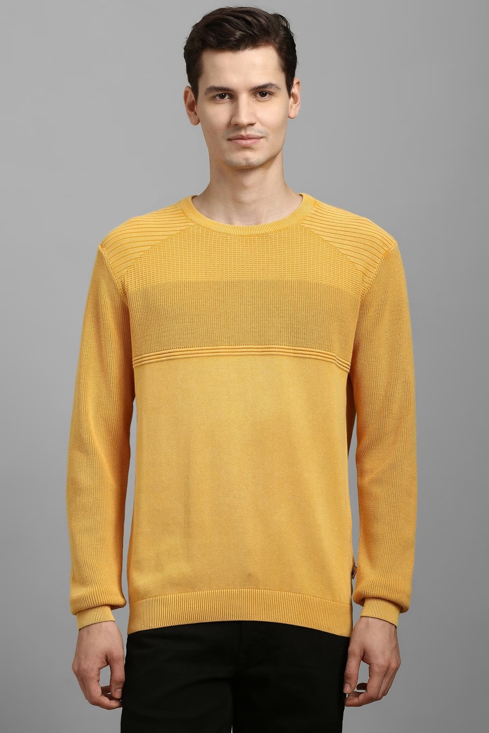 Men Yellow Textured Crew Neck Full Sleeves Sweater-Yellow