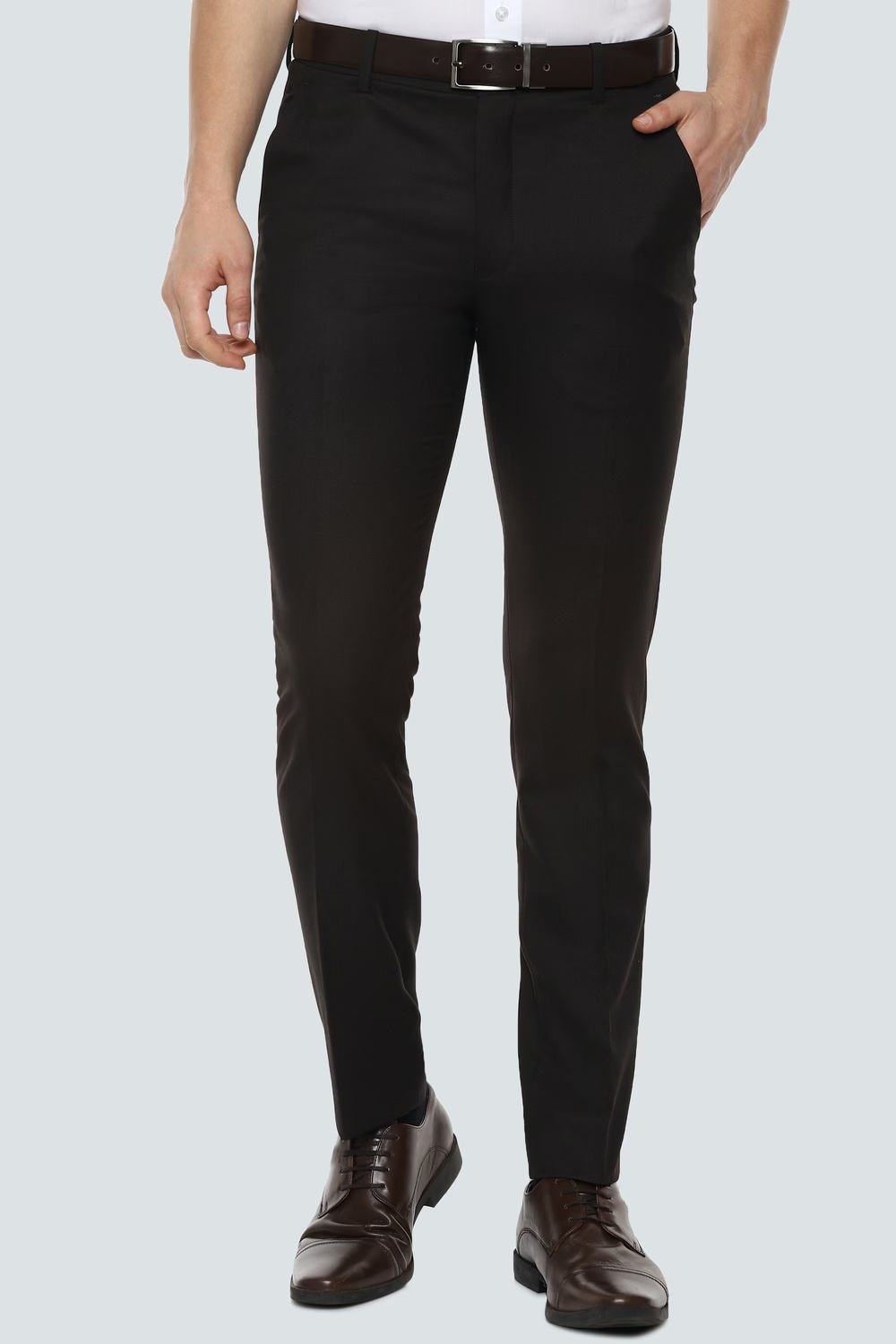 Men Black Slim Fit Solid Flat Front Formal Trousers-Black