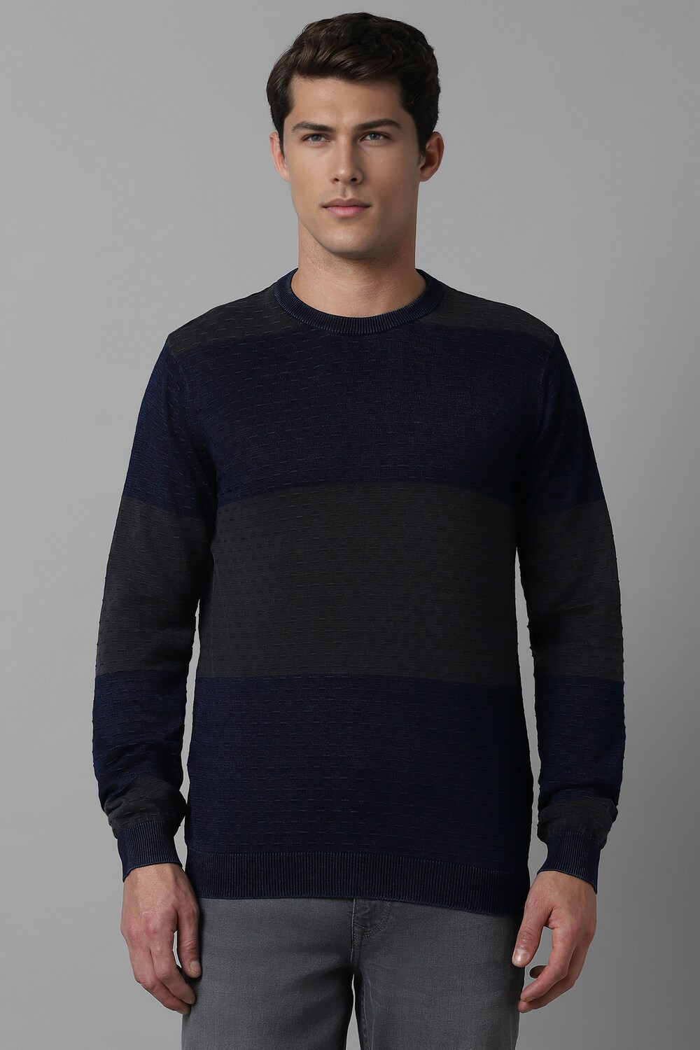 Men Navy Print Crew Neck Full Sleeves Sweater-Navy