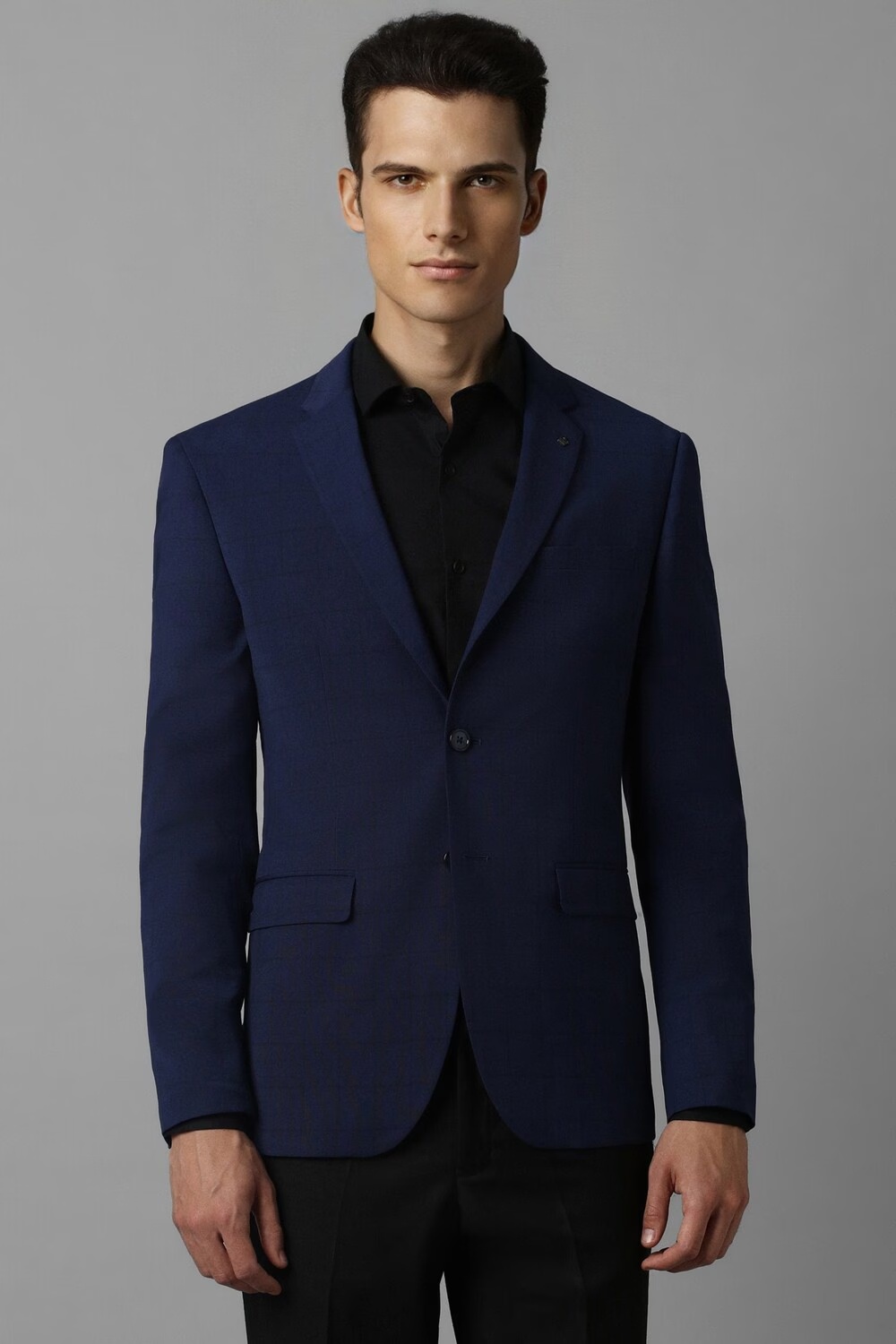 Men Navy Slim Fit Check Formal Blazer-Navy