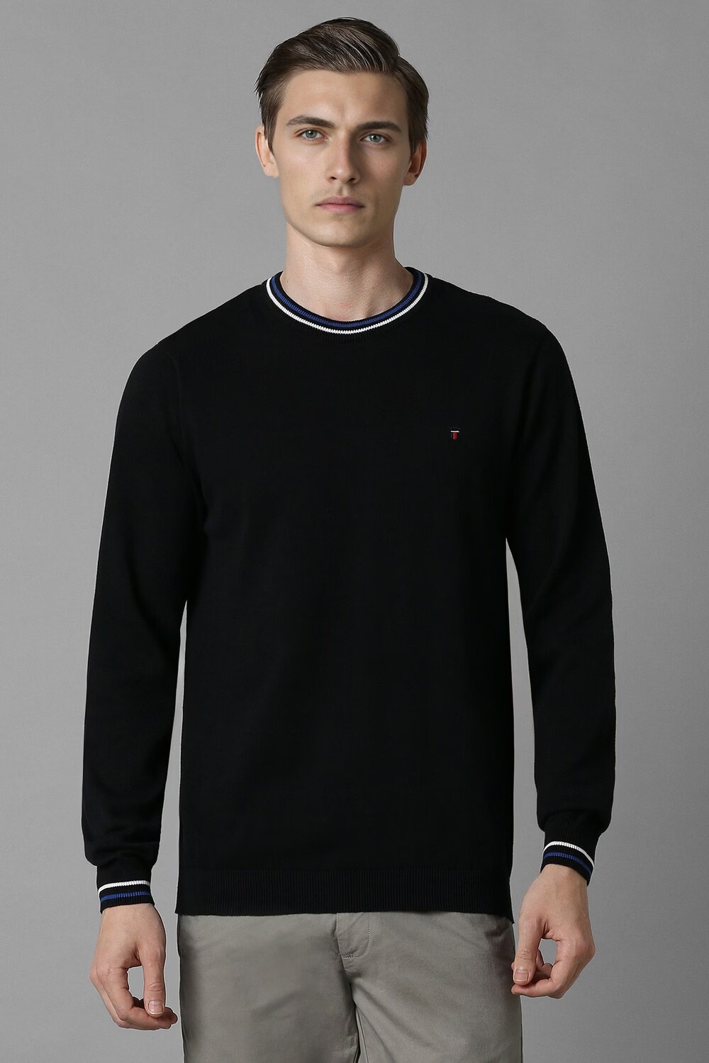Men Black Solid Crew Neck Full Sleeves Sweater-Black