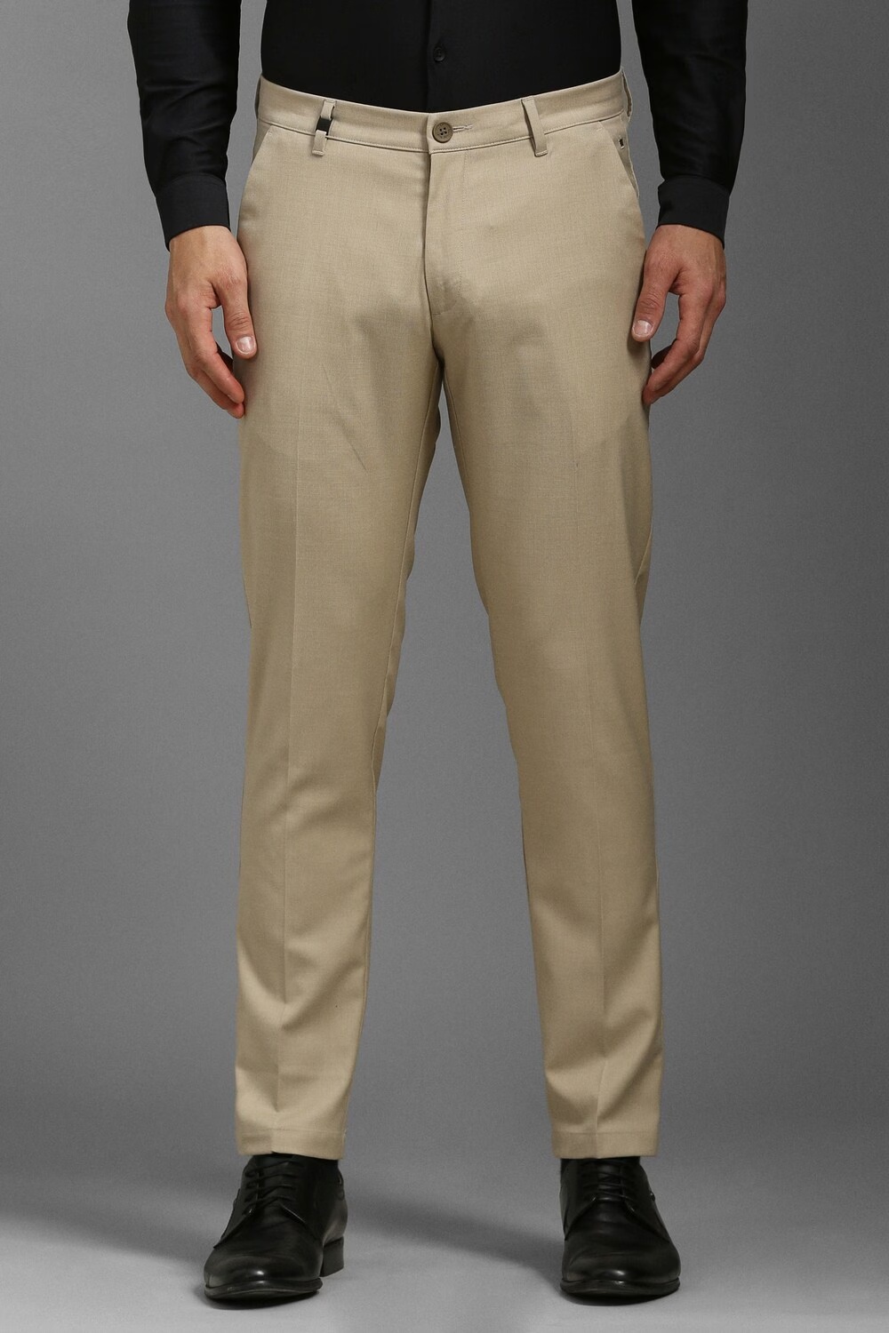 Men Beige Contemporary Fit Textured Flat Front Casual Trousers-Beige