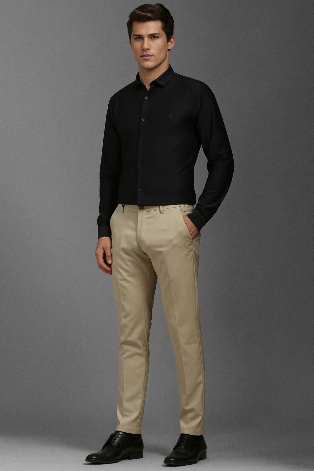 Men Beige Contemporary Fit Textured Flat Front Casual Trousers-Beige