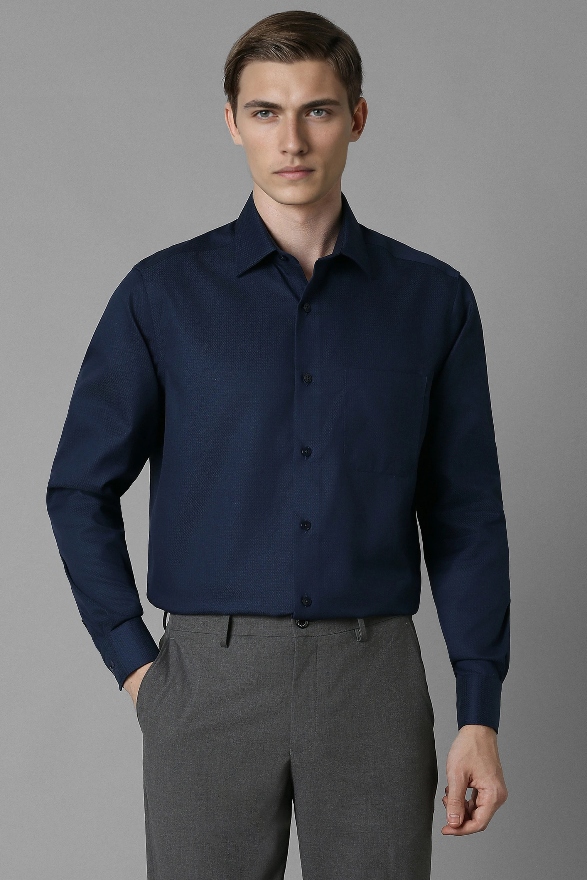 Men Navy Classic Fit Textured Full Sleeves Formal Shirt-Navy