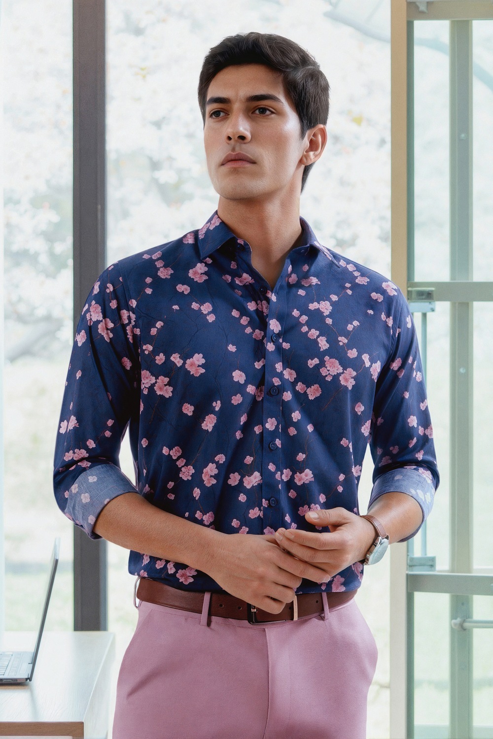 Men Navy Slim Fit Print Full Sleeves Formal Shirt-Navy