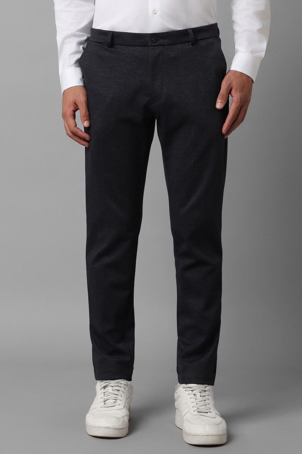 Men Black Contemporary Fit Textured Flat Front Casual Trousers-Black