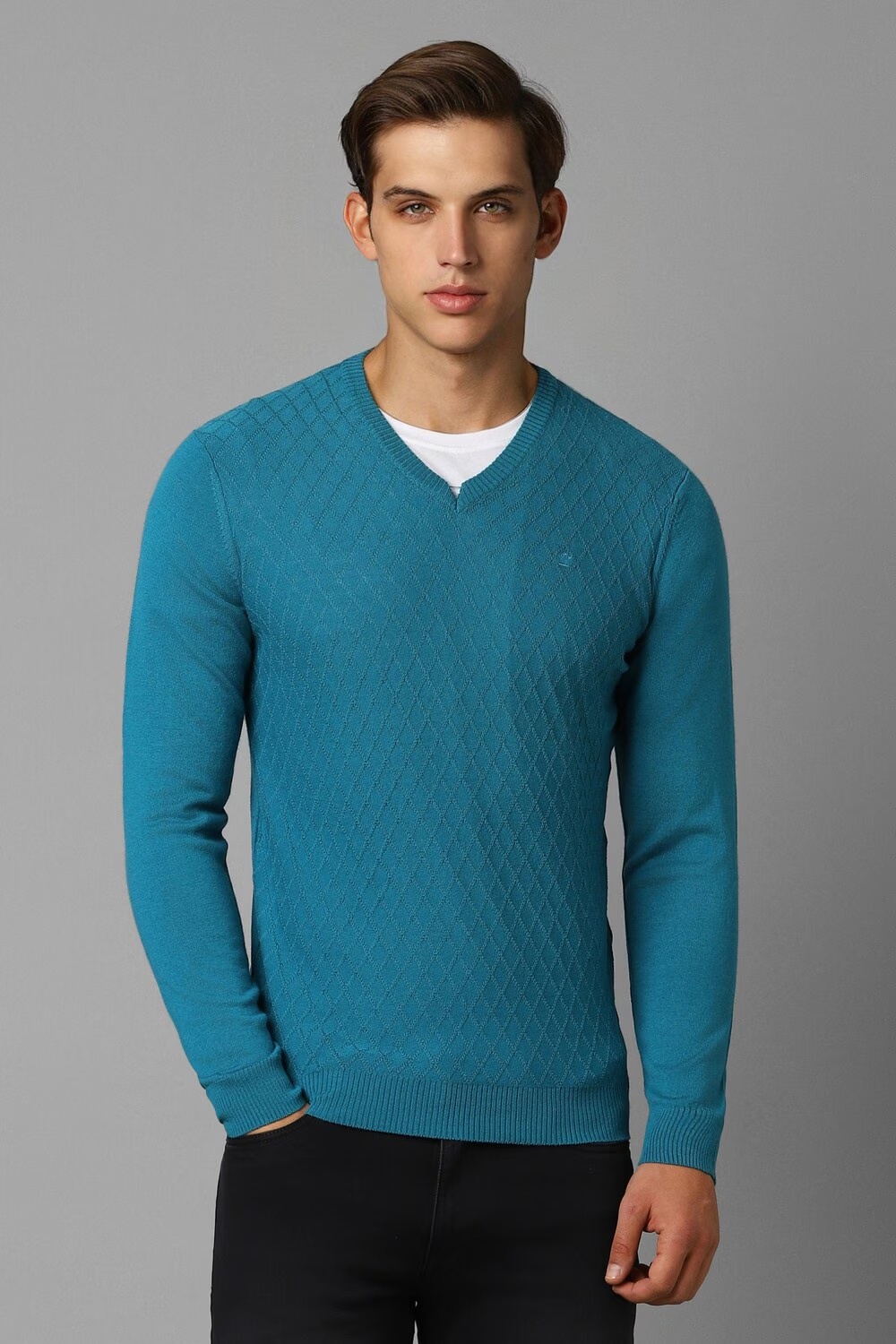 Men Blue Patterned V Neck Full Sleeves Sweater-Blue