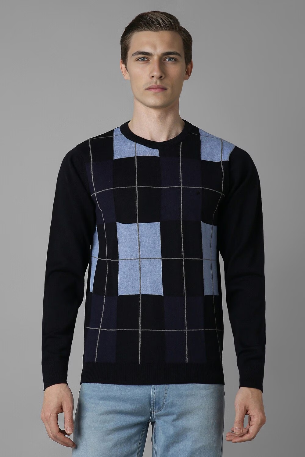Men Black Check Crew Neck Full Sleeves Sweater-Black