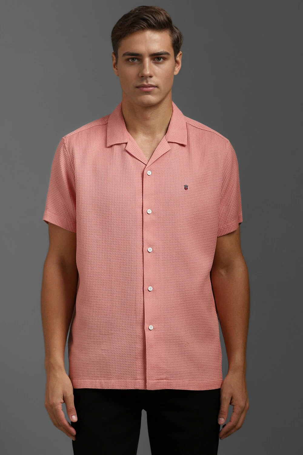 Men Peach Slim Fit Textured Half Sleeves Casual Shirt-Peach