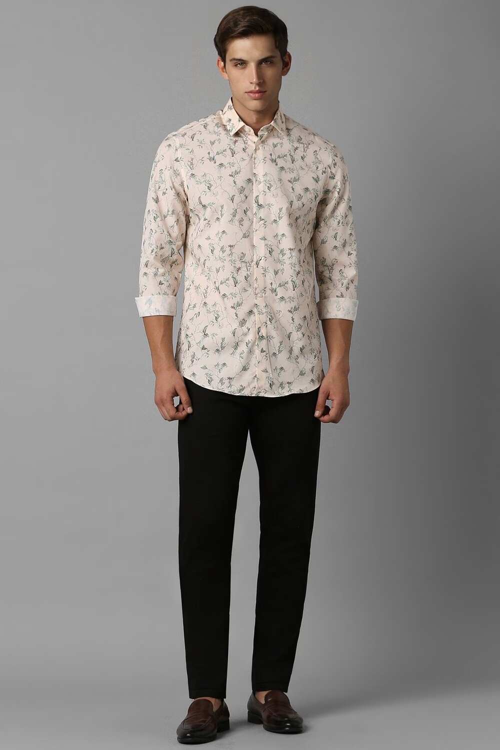Men Beige Classic Fit Print Full Sleeves Casual Shirt-Beige